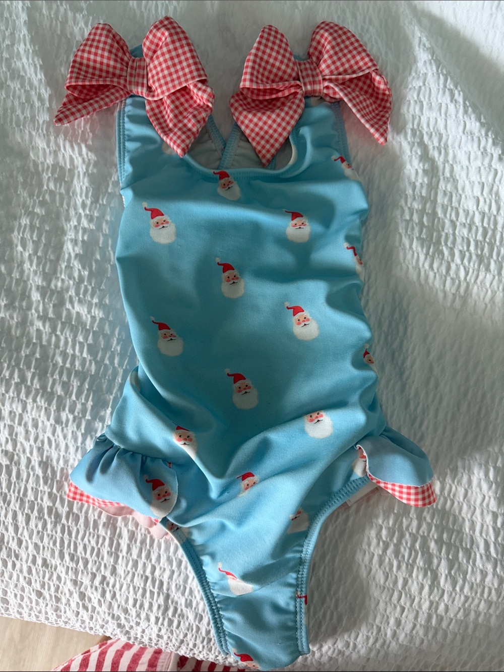 Girls Blue Santa One-Piece Swimsuit with Pink Gingham Bows - Kids Swim
